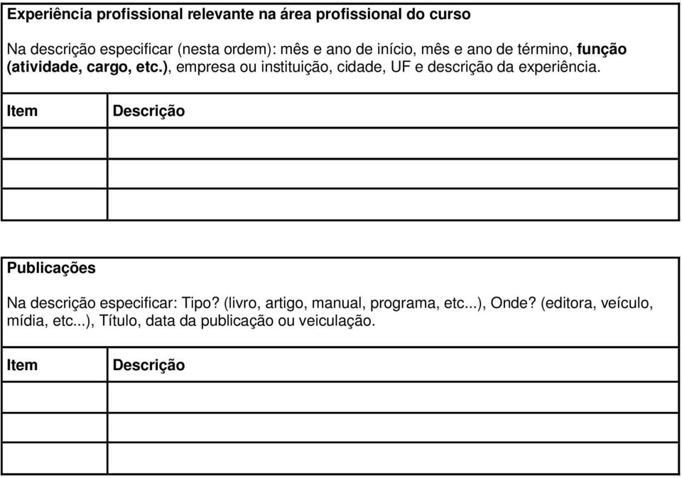 ), empresa ou instituição, cidade, UF e descrição da experiência.