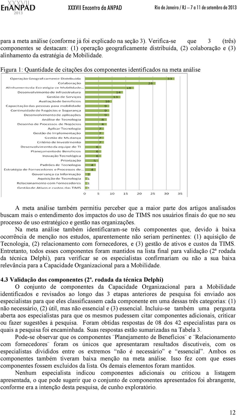 Figura 1: Quantidade de citações dos componentes identificados na meta análise A meta análise também permitiu perceber que a maior parte dos artigos analisados buscam mais o entendimento dos impactos