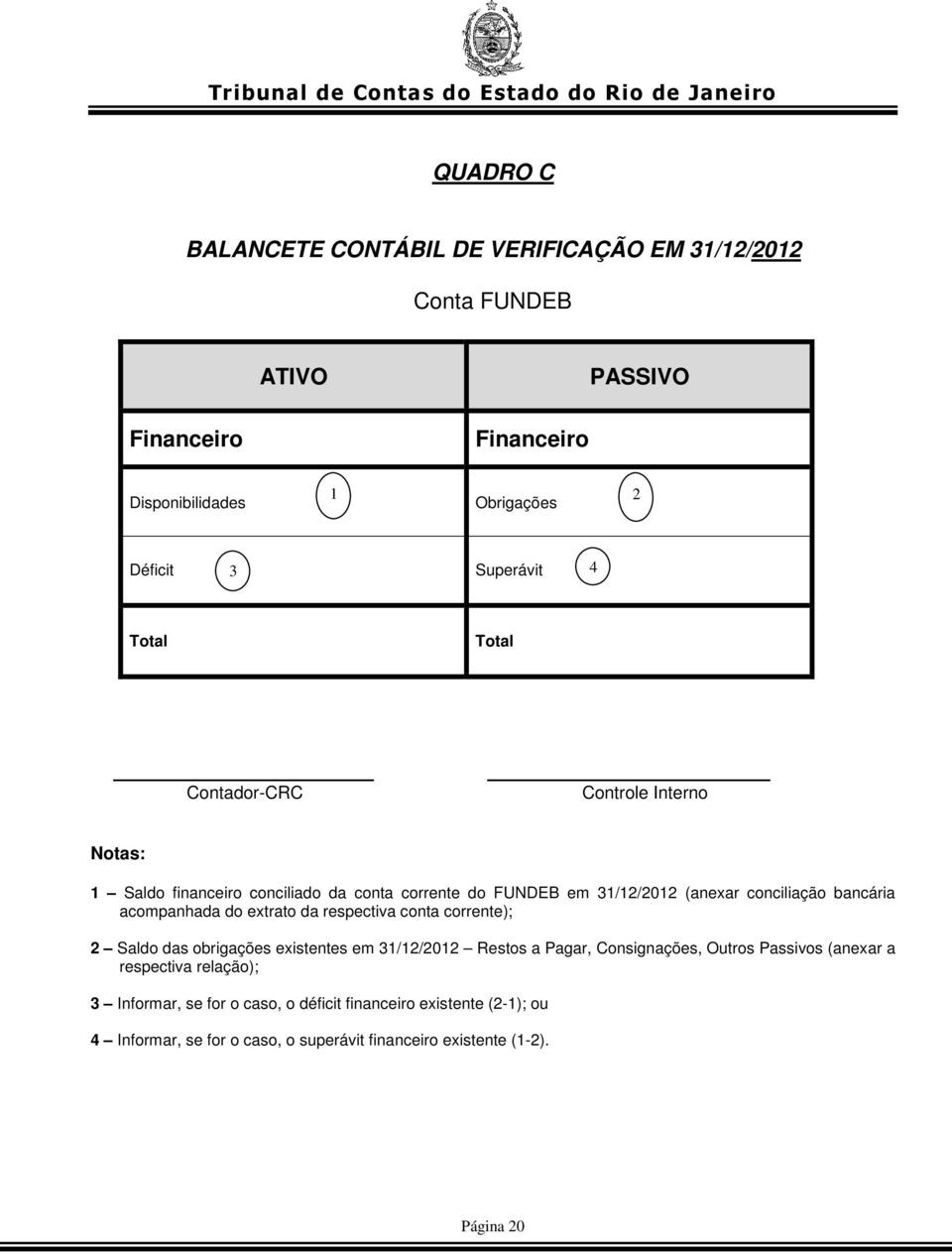 acompanhada do extrato da respectiva conta corrente); 2 Saldo das obrigações existentes em 31/12/2012 Restos a Pagar, Consignações, Outros Passivos (anexar a