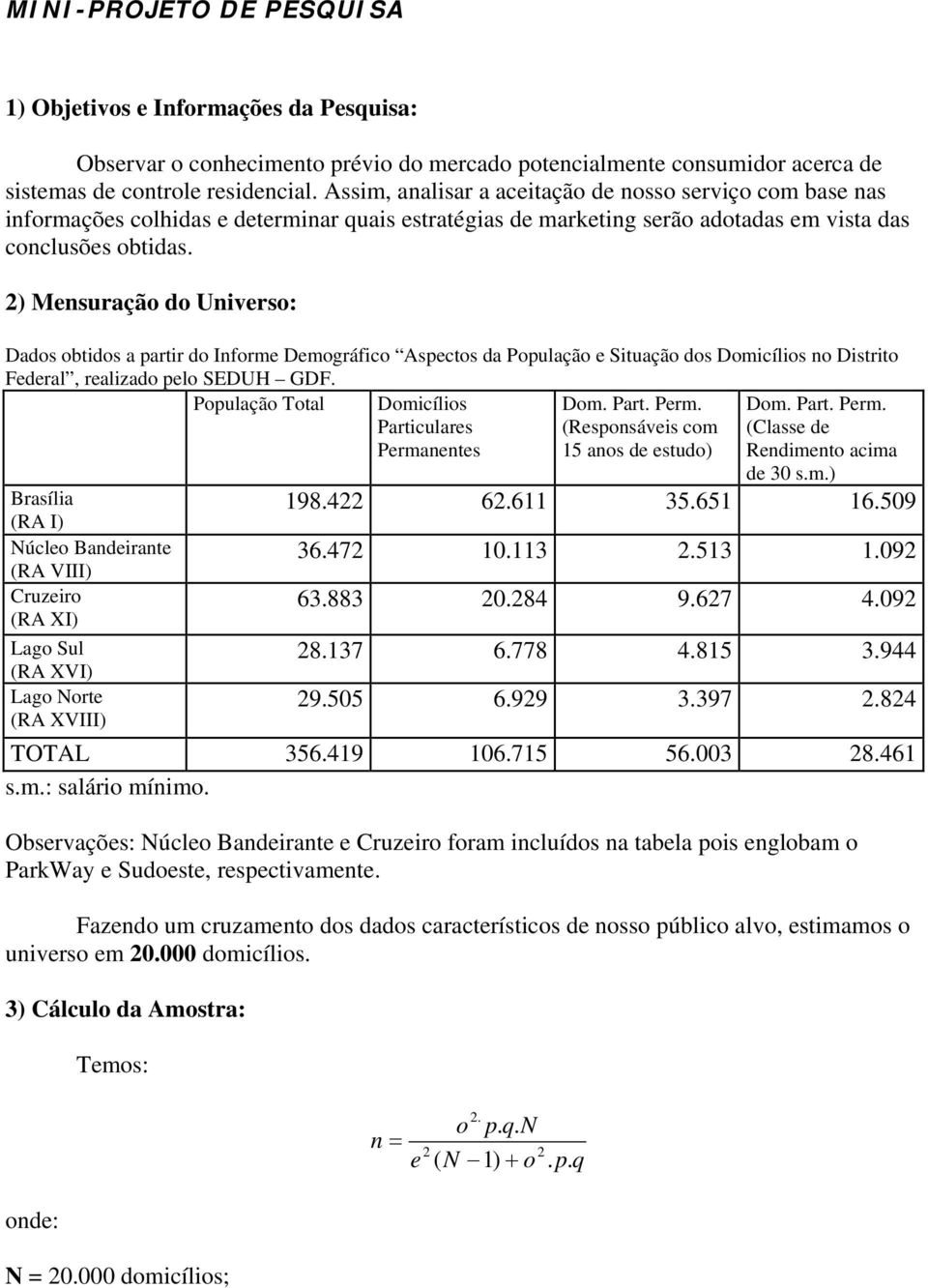 2) Mensuração do Universo: Dados obtidos a partir do Informe Demográfico Aspectos da População e Situação dos Domicílios no Distrito Federal, realizado pelo SEDUH GDF.