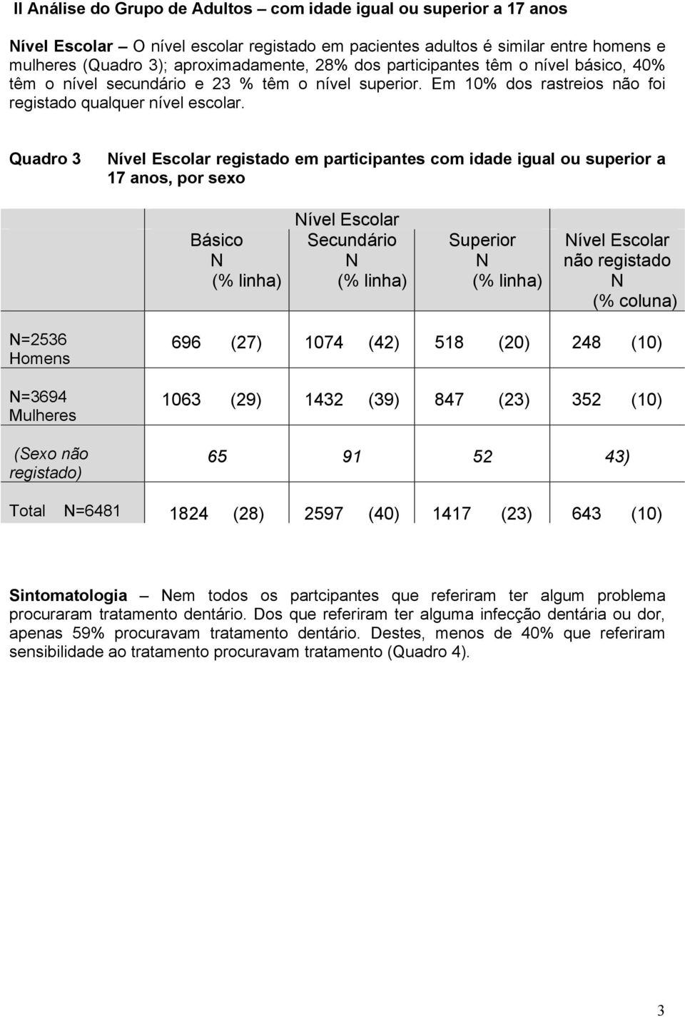 Quadro 3 ível Escolar registado em participantes com idade igual ou superior a 17 anos, por sexo Básico (% linha) ível Escolar Secundário (% linha) Superior (% linha) ível Escolar não registado (%