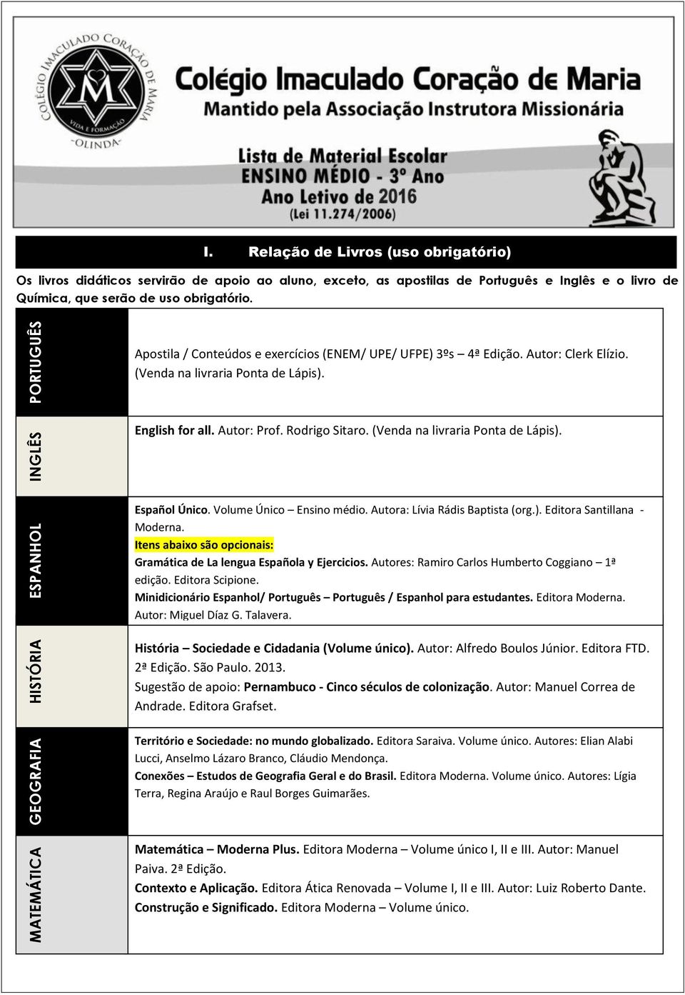 Apostila / Conteúdos e exercícios (ENEM/ UPE/ UFPE) 3ºs 4ª Edição. Autor: Clerk Elízio. (Venda na livraria Ponta de Lápis). English for all. Autor: Prof. Rodrigo Sitaro.