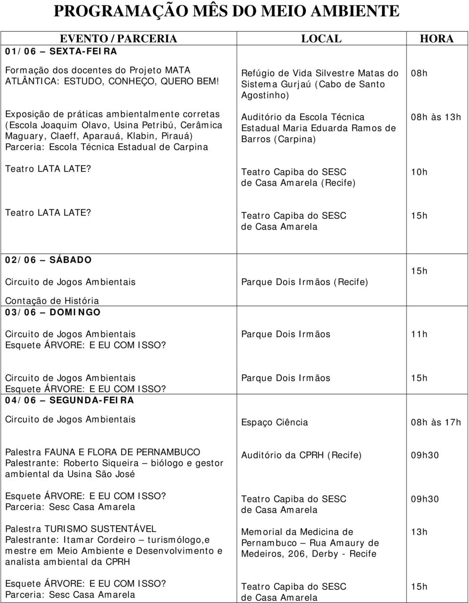 Silvestre Matas do Sistema Gurjaú (Cabo de Santo Agostinho) Auditório da Escola Técnica Estadual Maria Eduarda Ramos de Barros (Carpina) (Recife) 08h 08h às 13h 02/06 SÁBADO Contação de História