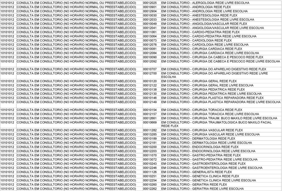 10101012 CONSULTA EM CONSULTORIO (NO HORARIO NORMAL OU PREESTABELECIDO) 00010030 EM CONSULTORIO - ANESTESIOLOGIA REDE FLEX 10101012 CONSULTA EM CONSULTORIO (NO HORARIO NORMAL OU PREESTABELECIDO)