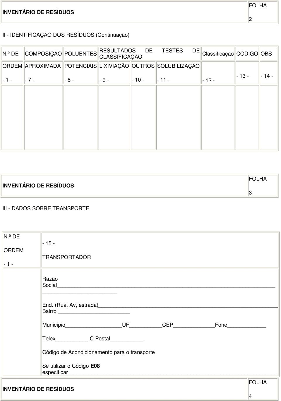 SOLUBILIZAÇÃO - 10 - - 11 - - 12 - Classificação CÓDIGO OBS - 13 - - 14 - INVENTÁRIO DE RESÍDUOS FOLHA 3 III - DADOS SOBRE TRANSPORTE N.