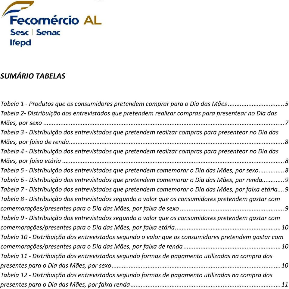 .. 7 Tabela 3 - Distribuição dos entrevistados que pretendem realizar compras para presentear no Dia das Mães, por faixa de renda.