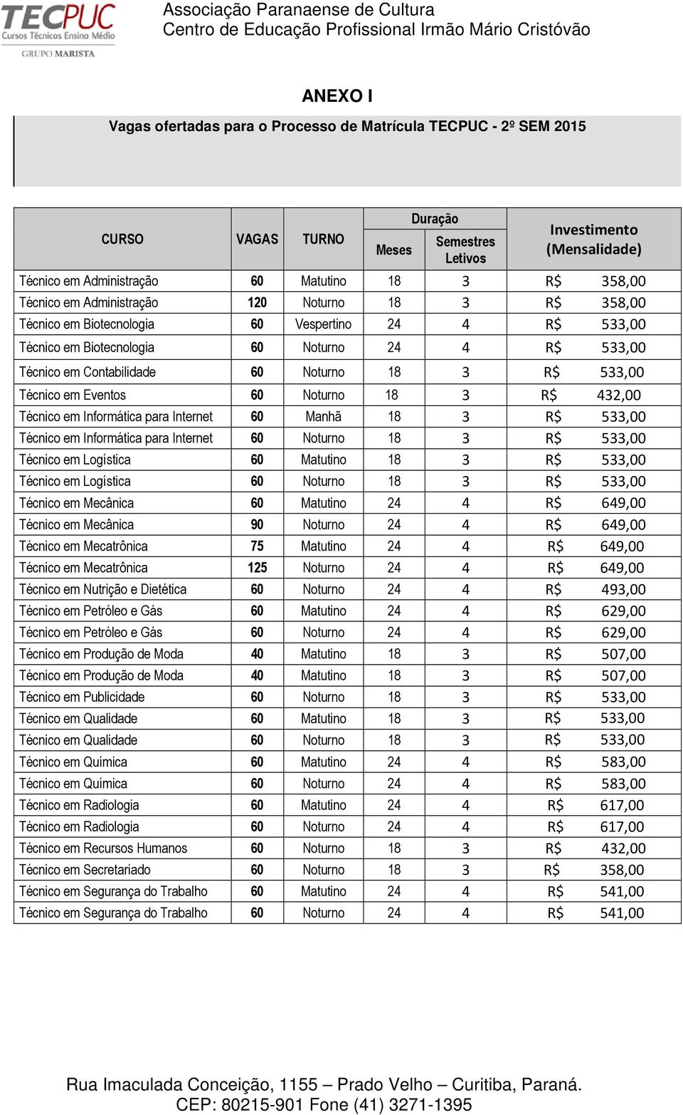 18 3 R$ 533,00 Técnico em Eventos 60 Noturno 18 3 R$ 432,00 Técnico em Informática para Internet 60 Manhã 18 3 R$ 533,00 Técnico em Informática para Internet 60 Noturno 18 3 R$ 533,00 Técnico em