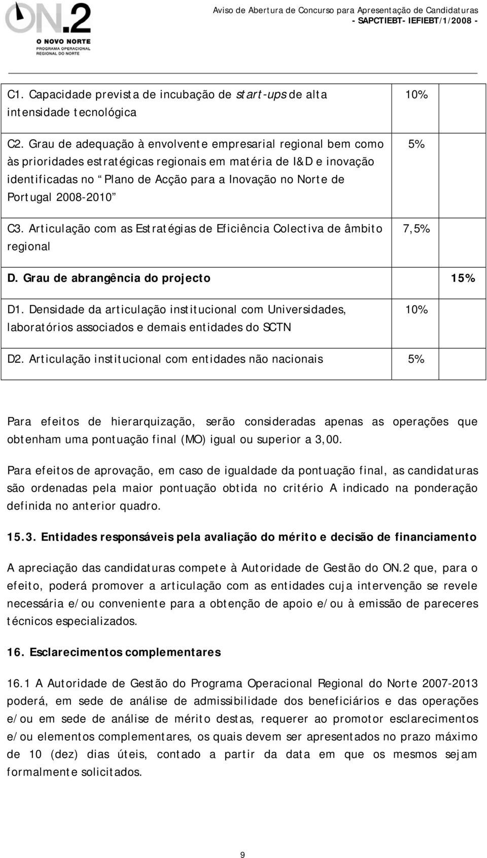 2008-2010 C3. Articulação com as Estratégias de Eficiência Colectiva de âmbito regional 10% 5% 7,5% D. Grau de abrangência do projecto 15% D1.