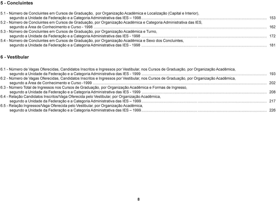 3 - Número de Concluintes em Cursos de, por Organização Acadêmica e Turno, segundo a Unidade da Federação e a Categoria das IES - 1998...... 172 5.