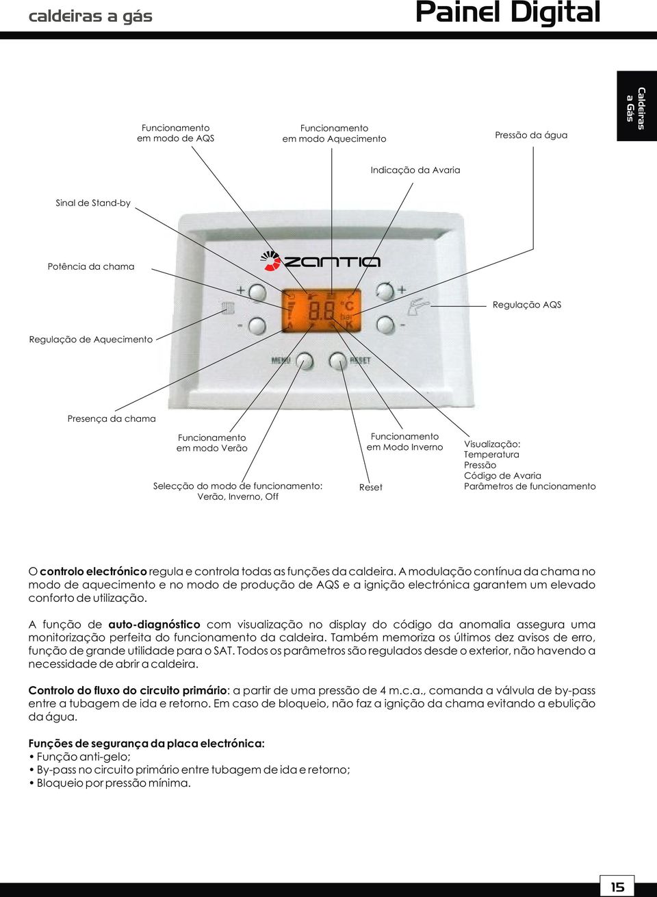 Parâmetros de funcionamento O controlo electrónico regula e controla todas as funções da caldeira.