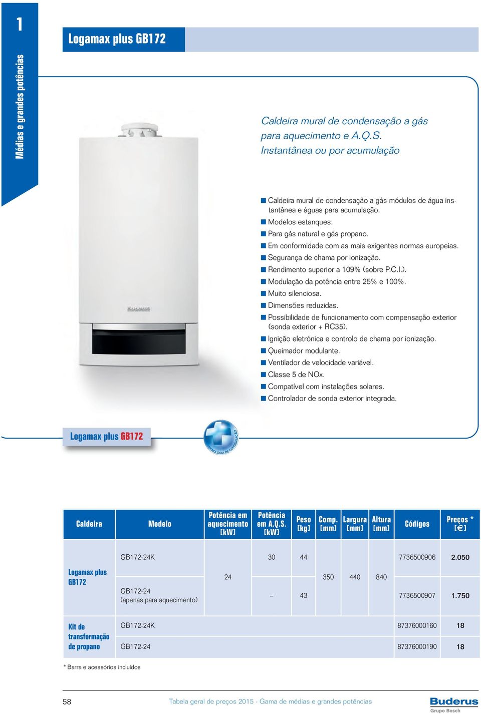 Modulação da potência entre 25% e 100%. Muito silenciosa. Dimensões reduzidas. Possibilidade de funcionamento com compensação exterior (sonda exterior + RC35).