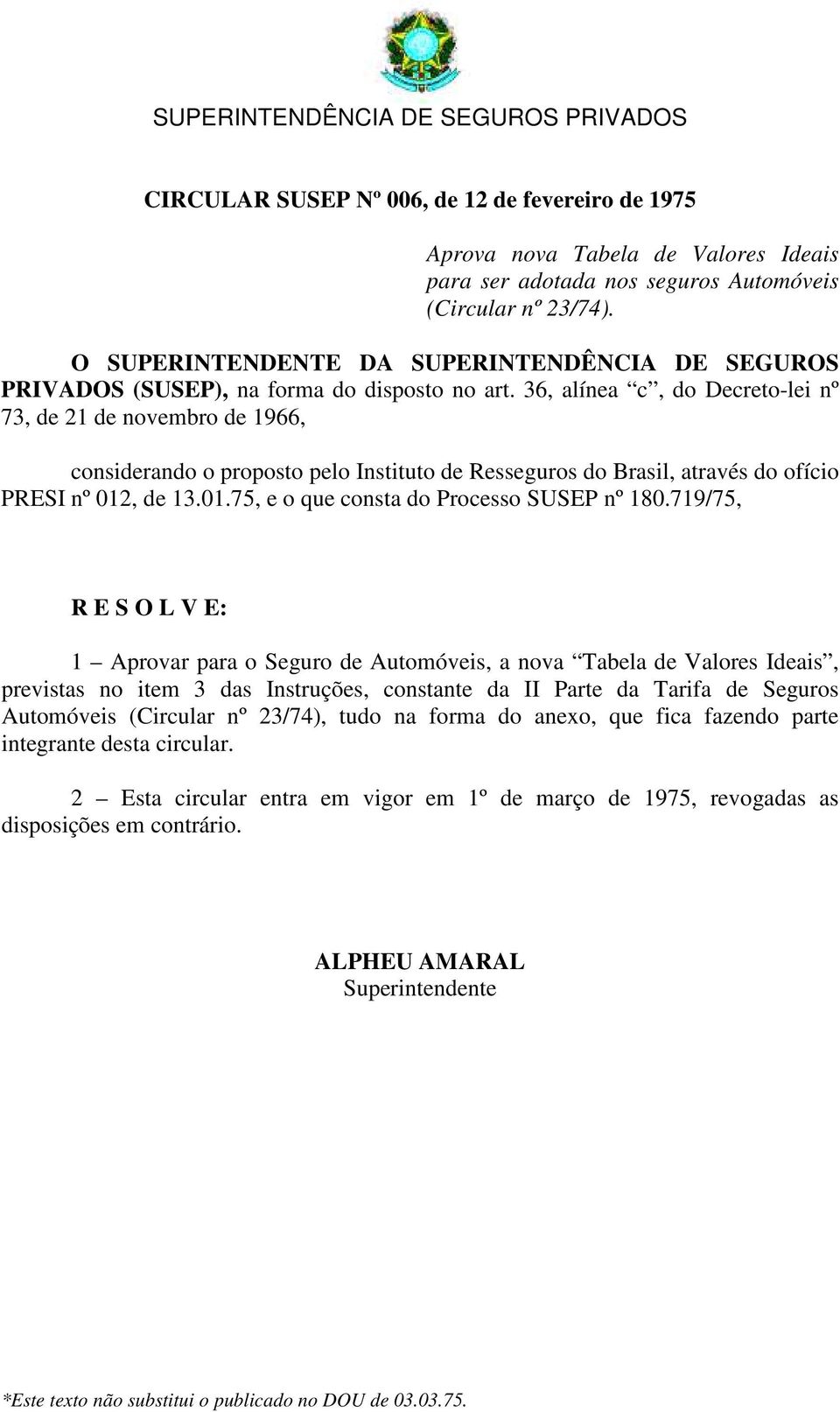 36, alínea c, do Decreto-lei nº 73, de 21 de novembro de 1966, considerando o proposto pelo Instituto de Resseguros do Brasil, através do ofício PRESI nº 012