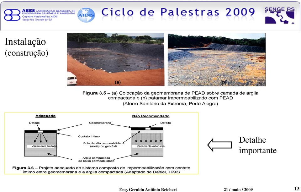 Alegre) Adequado Não Recomendado Defeito Geomembrana Defeito Vazamento limitado Contato íntimo Solo de alta permeabilidade (areia) ou geotêxtil Vazamento