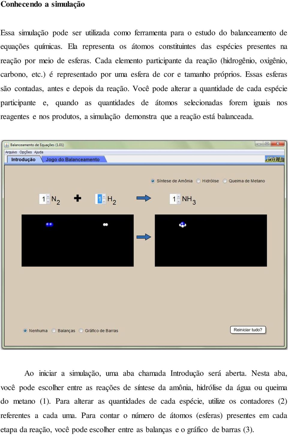 ) é representado por uma esfera de cor e tamanho próprios. Essas esferas são contadas, antes e depois da reação.