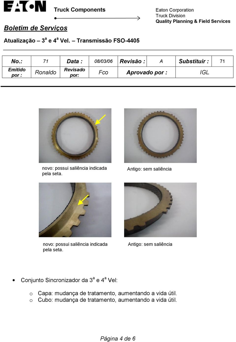 Antigo: sem saliência Conjunto Sincronizador da 3 a e 4 a Vel: o Capa: