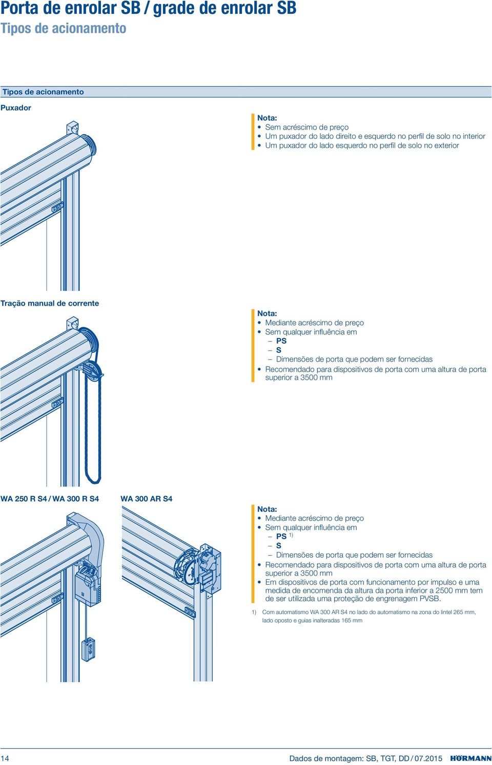 dispositivos de porta com uma altura de porta superior a 3500 mm WA 250 R S4 / WA 300 R S4 WA 300 AR S4 Mediante acréscimo de preço Sem qualquer influência em PS 1) S Dimensões de porta que podem ser