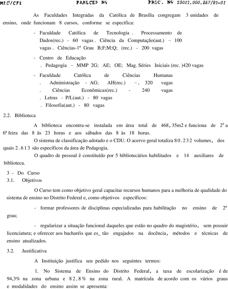 )420 vagas - Faculdade Católica de Ciências Humanas. Administração - AG; AH(rec.) -. 320 vagas. Ciências Econômicas(rec.) - 240 vagas. Letras - P/L(aut.) - 80 vagas. Filosofia(aut.) - 80 vagas 2.2. Biblioteca A biblioteca encontra-se instalada em área total de 468,35m2 e funciona de 2 a a 6ª feira das 8 ãs 23 horas e aos sábados das 8 às 18 horas.