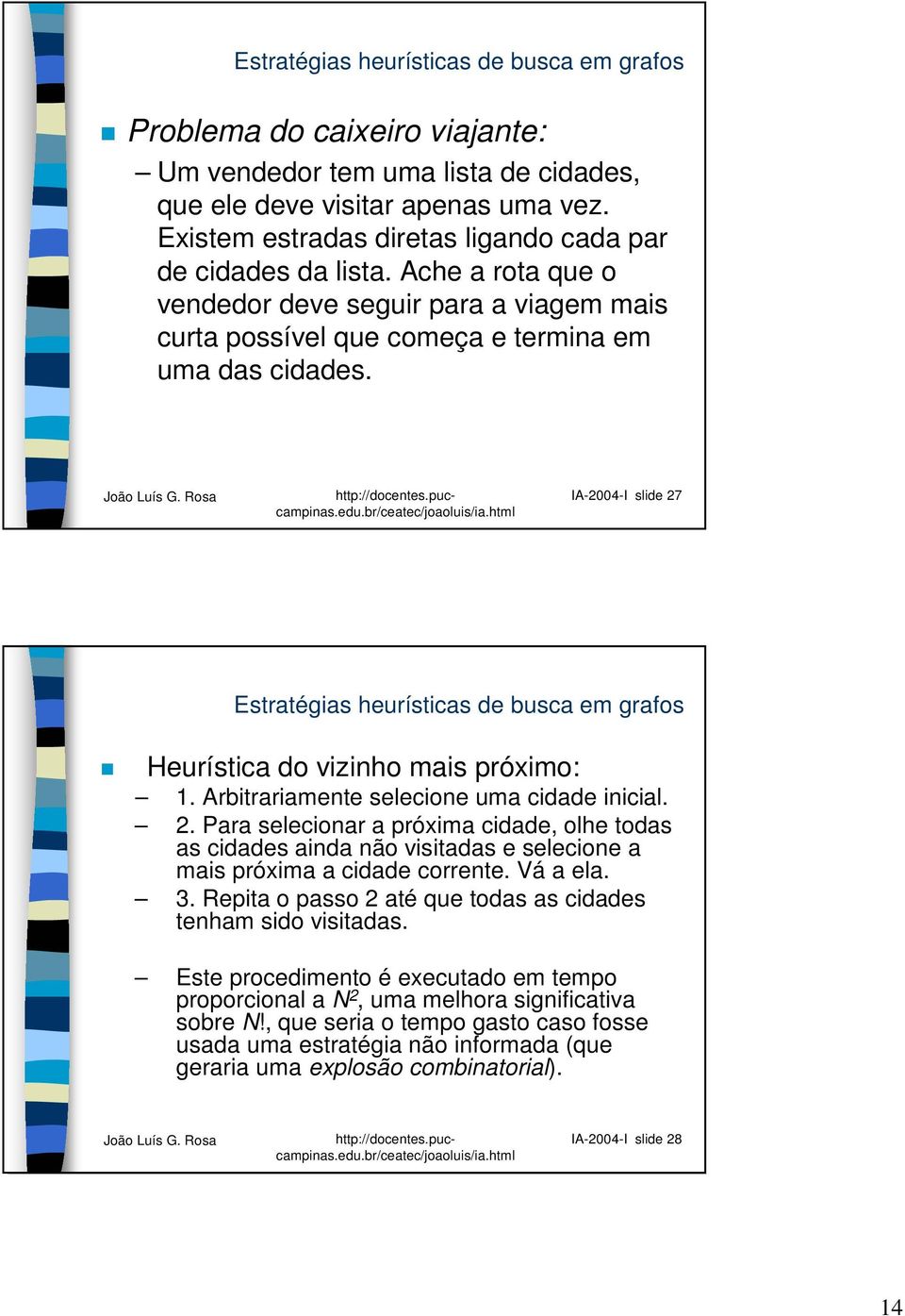 IA-2004-I slide 27 Estratégias heurísticas de busca em grafos Heurística do vizinho mais próximo: 1. Arbitrariamente selecione uma cidade inicial. 2. Para selecionar a próxima cidade, olhe todas as cidades ainda não visitadas e selecione a mais próxima a cidade corrente.