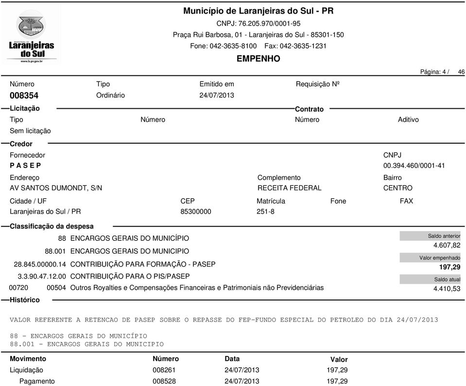 00 CONTRIBUIÇÃO PARA O PIS/PASEP 00720 00504 Outros Royalties e Compensações Financeiras e Patrimoniais não Previdenciárias 4.607,82 197,29 4.