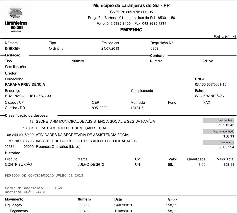 00152.09 ATIVIDADES DA SECRETARIA DE ASSISTENCIA SOCIAL 3.1.90.13.05.05 INSS - SECRETARIOS E OUTROS AGENTES EQUIPARADOS 00534 00000 Recursos Ordinários (Livres) 50.