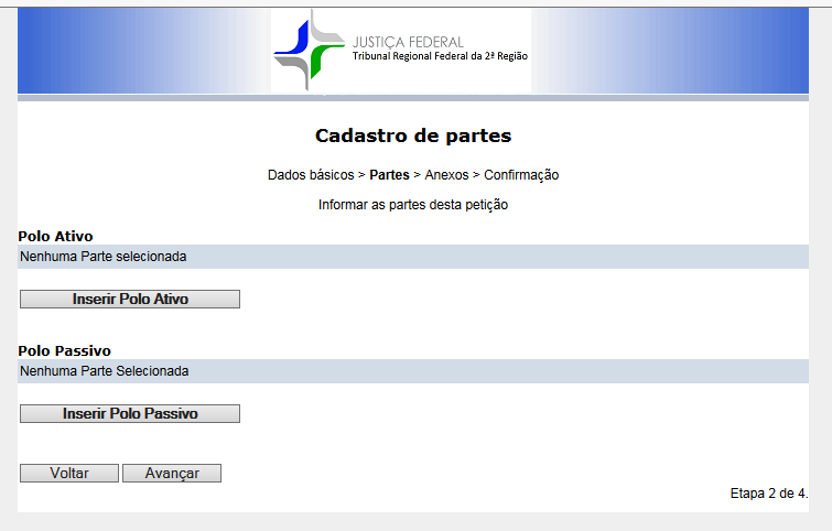 Na etapa 2, O usuário deverá incluir as partes e respectivos representantes utilizando a opção Inserir Polo Ativo e Inserir