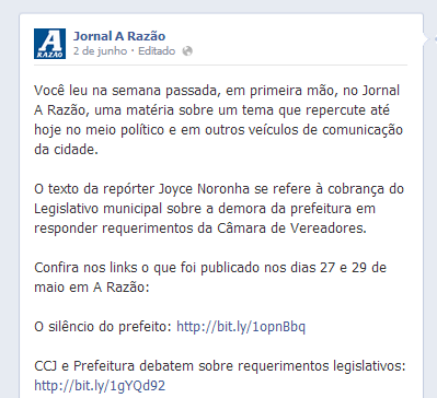 Figura 7: Opiniões de leitores nas publicações do jornal; Figura 8: A Razão resgata notícias anteriores Fonte: https://www.facebook.