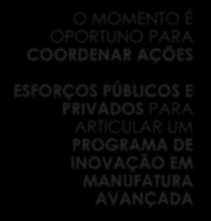 O MOMENTO É OPORTUNO PARA COORDENAR AÇÕES ESFORÇOS PÚBLICOS E PRIVADOS PARA ARTICULAR UM PROGRAMA DE INOVAÇÃO EM MANUFATURA AVANÇADA Criar comitê (instância intragovernamental) com o setor privado