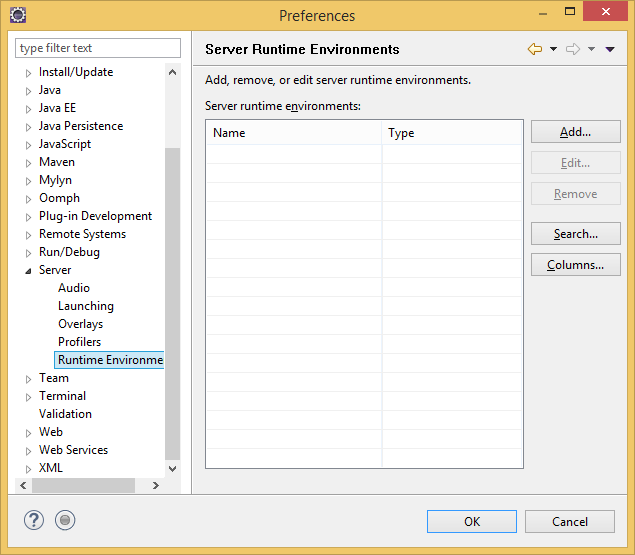 Figura 8 - Janela de preferências do eclipse Para adicionar o servidor Tomcat, clique no botão Add apresentado na Figura 8. Será aberta uma janela com todos os servidores disponíveis.
