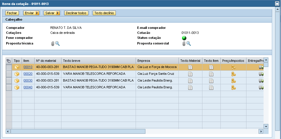 Para finalizar o processo: (1) Salvar: possibilita salvar as informações sem enviar a resposta da cotação, lembrando que o envio só será possível dentro do prazo de resposta