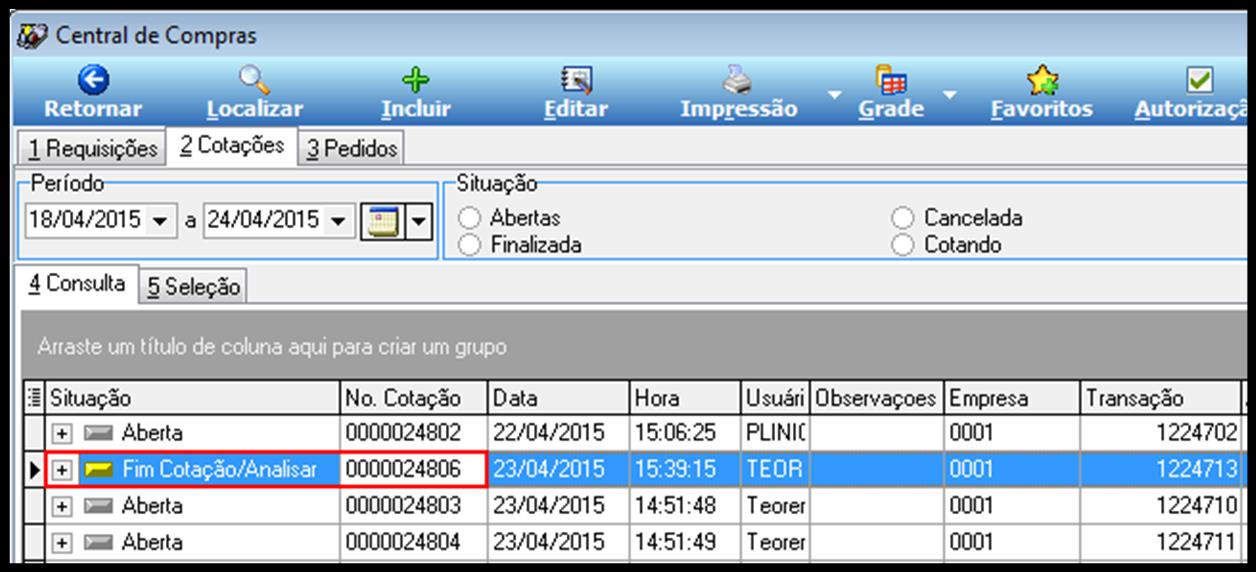 Após a inserção dos dados para o fornecedor selecionado, repetir o processo para todos os fornecedores participantes da cotação.