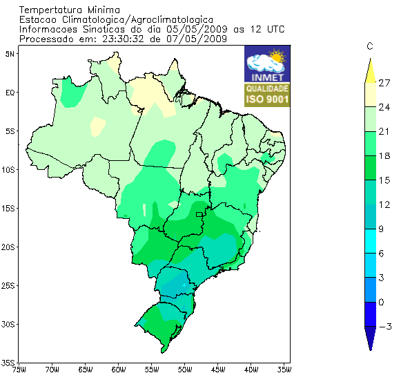 Figura : Mapa temático das temperaturas máximas no Brasil no dia 05/05/2009. Fonte: INMET (http://www.inmet.gov.br/html/clima.php).