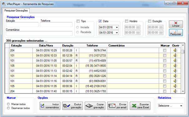 4.1.2 Pesquisar gravações A guia Pesquisar Gravações, permite que você faça uma pesquisa no banco, utilizando os parâmetros: ramal, intervalo de data, intervalo de horário, intervalo de duração,