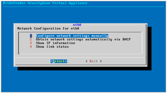 7. Defina as configurações de rede. Você pode configurar a appliance para obter automaticamente as configurações de rede a partir do servidor DHCP ou você pode configurar manualmente.