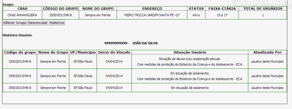 31 No histórico são apresentadas as informações de registro inicial do usuário, seguidas das alterações registradas no sistema (alteração de situação prioritária, participação em grupos), incluindo a