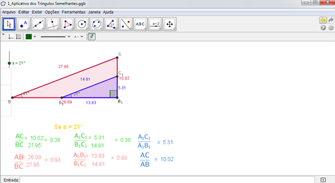 125 Figura 9: Semelhança de triângulo com Applets no GeoGebra. Fonte: O autor, 2015 Segue parte da transcrição [2:200].