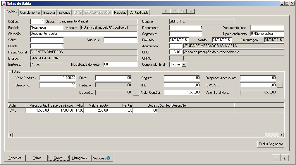 1.1.3.2.1. Guia Saídas Na guia Saídas, foi criado o campo Consumidor final, para informar se o lançamento trata-se de um consumidor final.