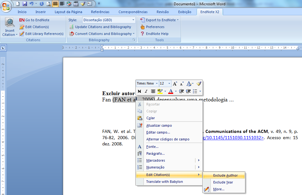 Excluir Autor no Word 2007 2º passo: clique aqui 1º passo: