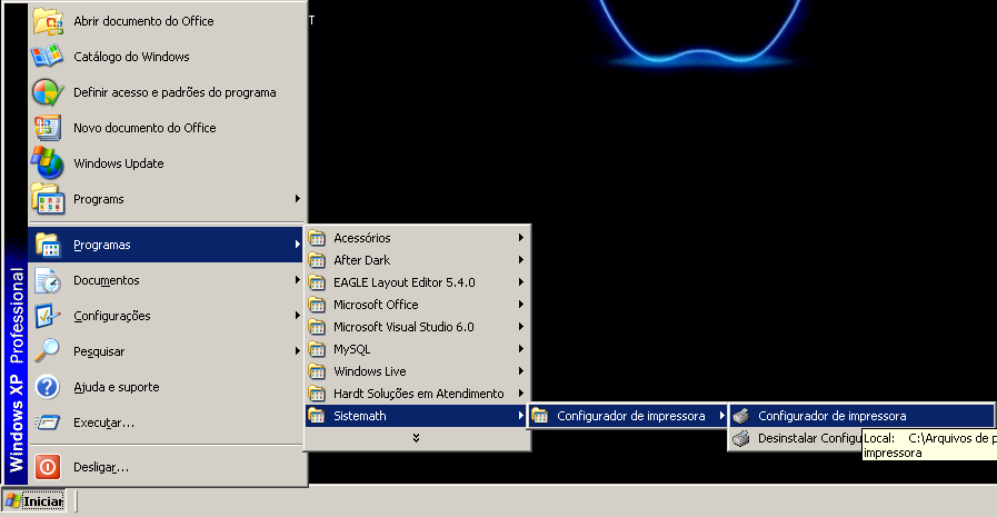 EXECUTANDO O SOFTWARE Windows XP: Clique no botão INICIAR, depois escolha PROGRAMAS, em seguida busque a pasta Sistemath e, por fim, escolha a opção Configurador de impressora (Figura 13).