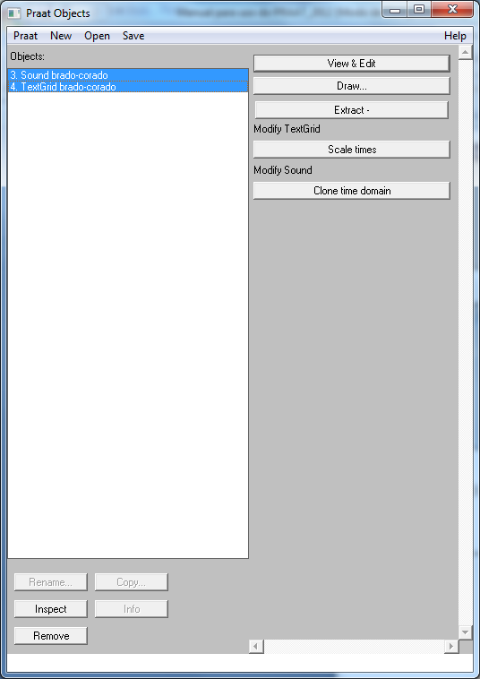 Figura 12 d) Com isso, na tela do Praat OBJECTS, aparecerá abaixo do arquivo de som, um arquivo TEXTGRID seguido do nome do som.