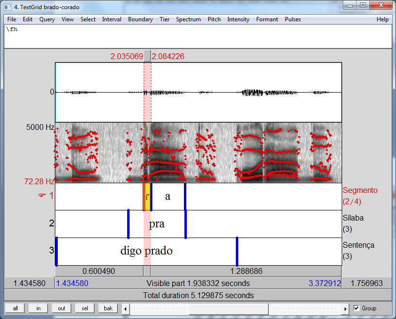 Figura 18 IMPORTANTE: Antes de fechar a tela das etiquetagens, você precisa SALVAR os dados etiquetados. Para isso, clique em CRTL S ou vê em FILE e depois em SAVE TEXTGRID as TEXT FILE.