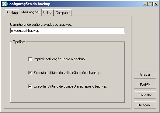 1. No campo Caminho onde serão gravados os arquivos, você deverá informar o local onde será realizada a cópia do seu banco de dados. 2.