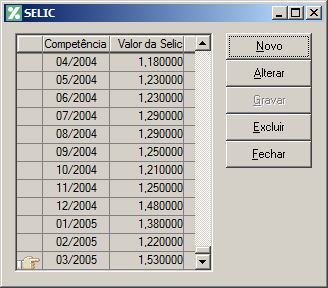 1. Clique no menu Arquivo, opção SELIC, para abrir a janela SELIC, conforme a figura a seguir: 2.