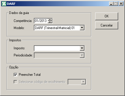 2. No quadro Dados da guia, no campo: Competência, informe a competência do cálculo; Modelo, selecione o modelo de acordo com o formulário, número de vias e impressora utilizada. 3.