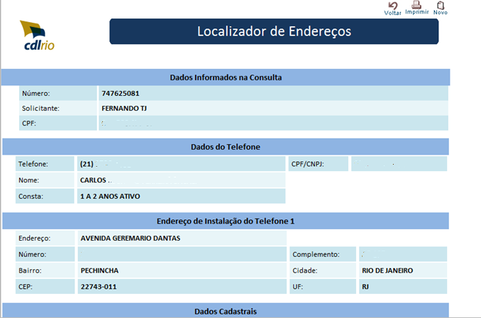 Após clicar em Consulta o sistema irá apresentar a tela abaixo, com os dados da parte. LIGHT Figura 8 Resultado da consulta.