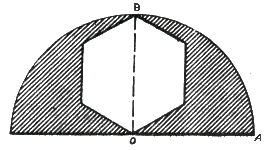 (UFPE) Na figura abaixo, o raio da semicircunferência mede 4 cm; o polígono é um hexágono regular, e o retângulo AÔB é reto.