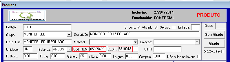 Códgo :podendo ser gerado automático, ou Manual. Lembrando de não ultrapassar os 13 digito levando a consideração já com a grade Encom. Usado quando o cliente trabalha com encomenda.