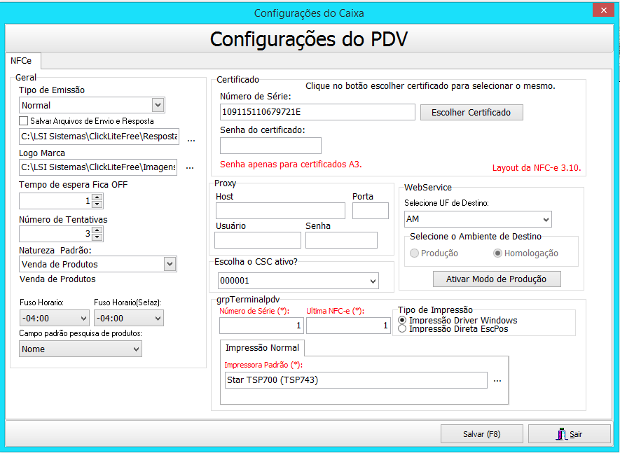 Instalação do ClickFree Configurando ClickFree Passo 1: Escolha o certificado 1 Configurações Repositório dos arquivos das notas registradas no PDV Passo 2: Insira senha do