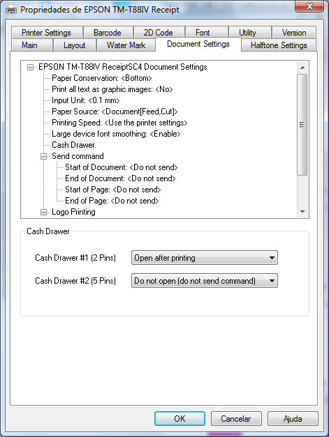 Na nova janela, escolha o separador Document Settings, e na lista de opções selecione a linha Cash Drawer. As configurações para esta opção surgirão em baixo.