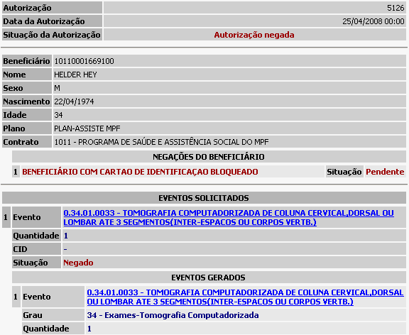 Nesta aba Resumo são apresentados as Negações do Beneficiário e/ou do Prestador, Alertas, os Eventos Solicitados, os Eventos Gerados e a Situação dos eventos.