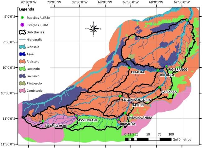 (b) (a) Figura 1 Mapas de (a) modelo digital de elevações; (b) usos dos solos; e (c) mapa de solos O Sistema de Alerta de Eventos Críticos da Bacia do Rio Acre, operado pela CPRM desde dezembro de